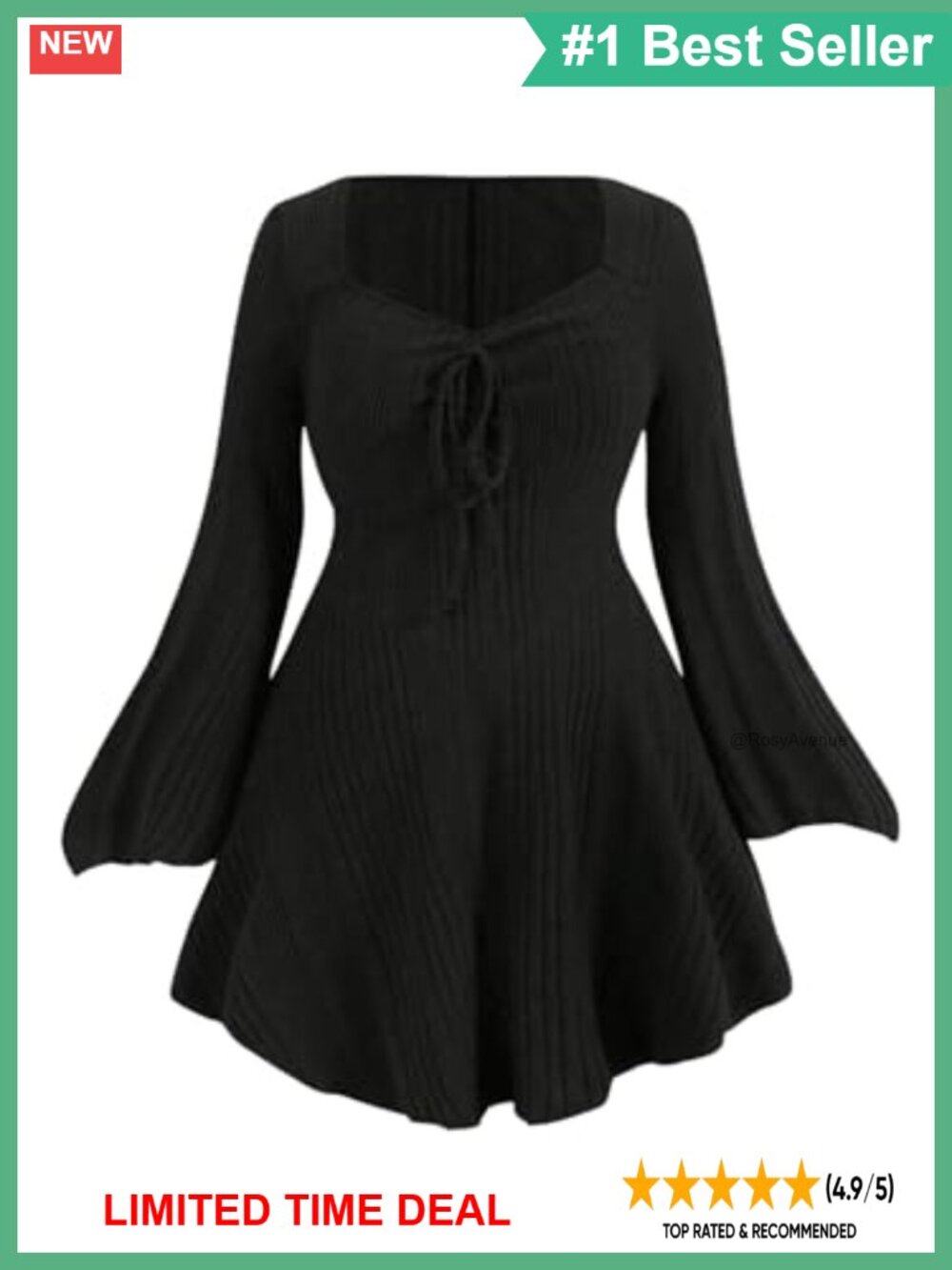 Plus Size Short Sweater Dress Bell Long Sleeve Rib Knit Casual Mini
